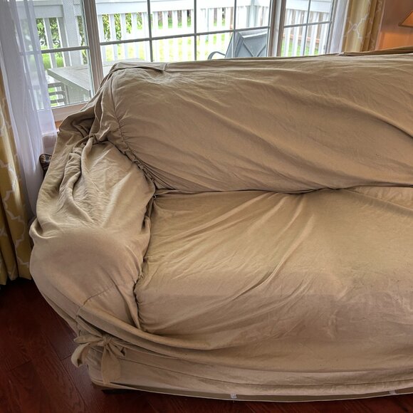 Soft Suede one piece couch slipcover with ties and cinched elastic - Picture 6 of 7